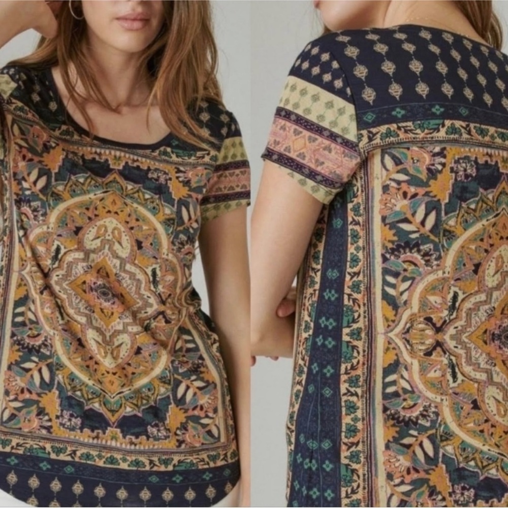 Lucky Brand Persian Carpet Graphic Scoop Neck Sleeve Tee, Navy Multi Size 3X